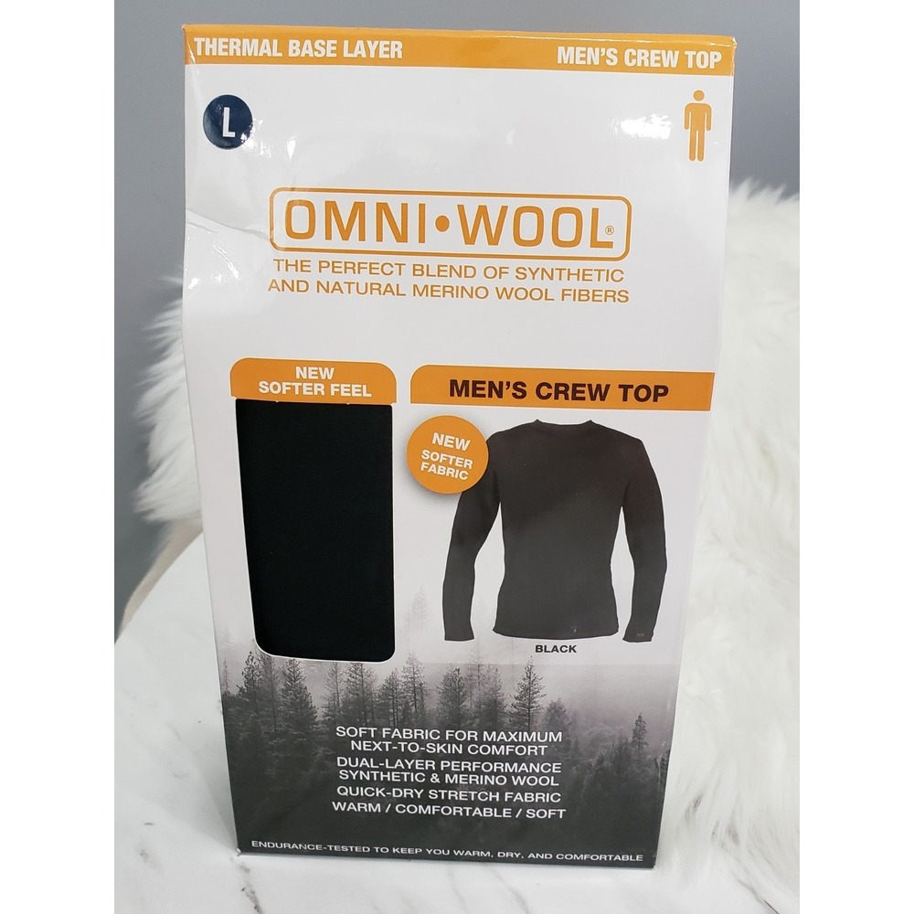 NEW LARGE Omni Wool Men LONG SLEEVE SHIRT Black Base Layer Thermal Merino Wool